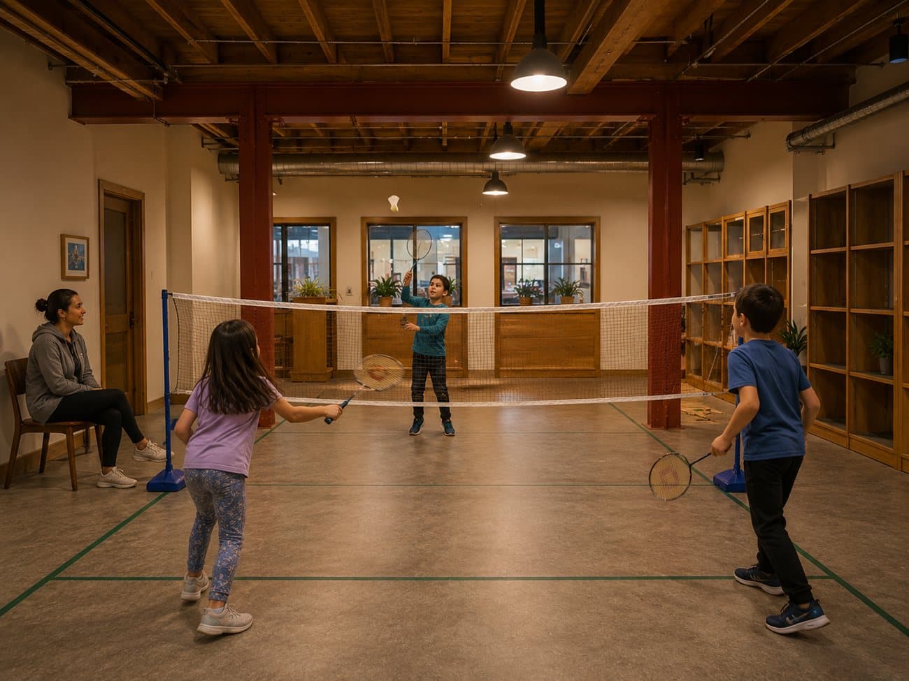 Concept rendering: kids playing badminton indoors