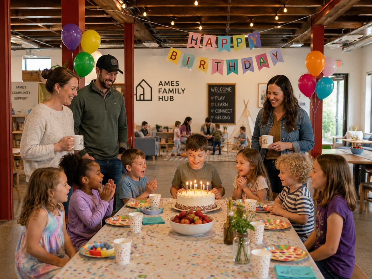 Concept rendering: a birthday party at the Hub with cake and balloons
