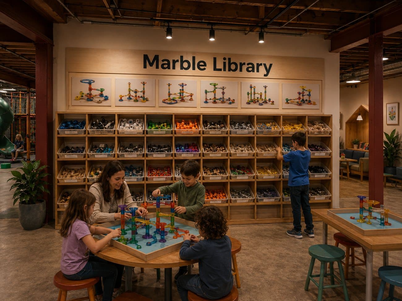 Concept rendering: a marble run library with parts organized in bins