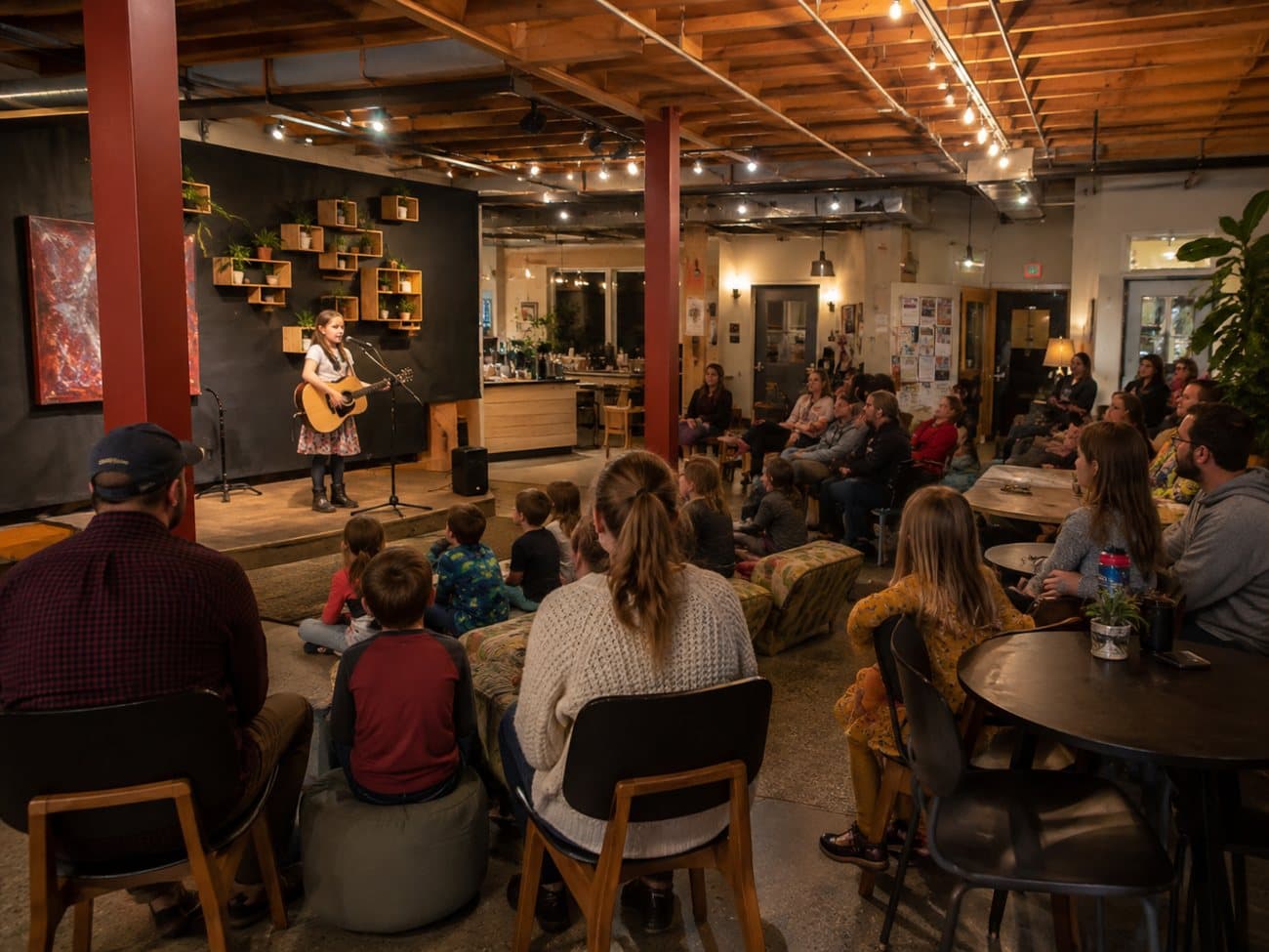 Concept rendering: a child performing at an open mic night