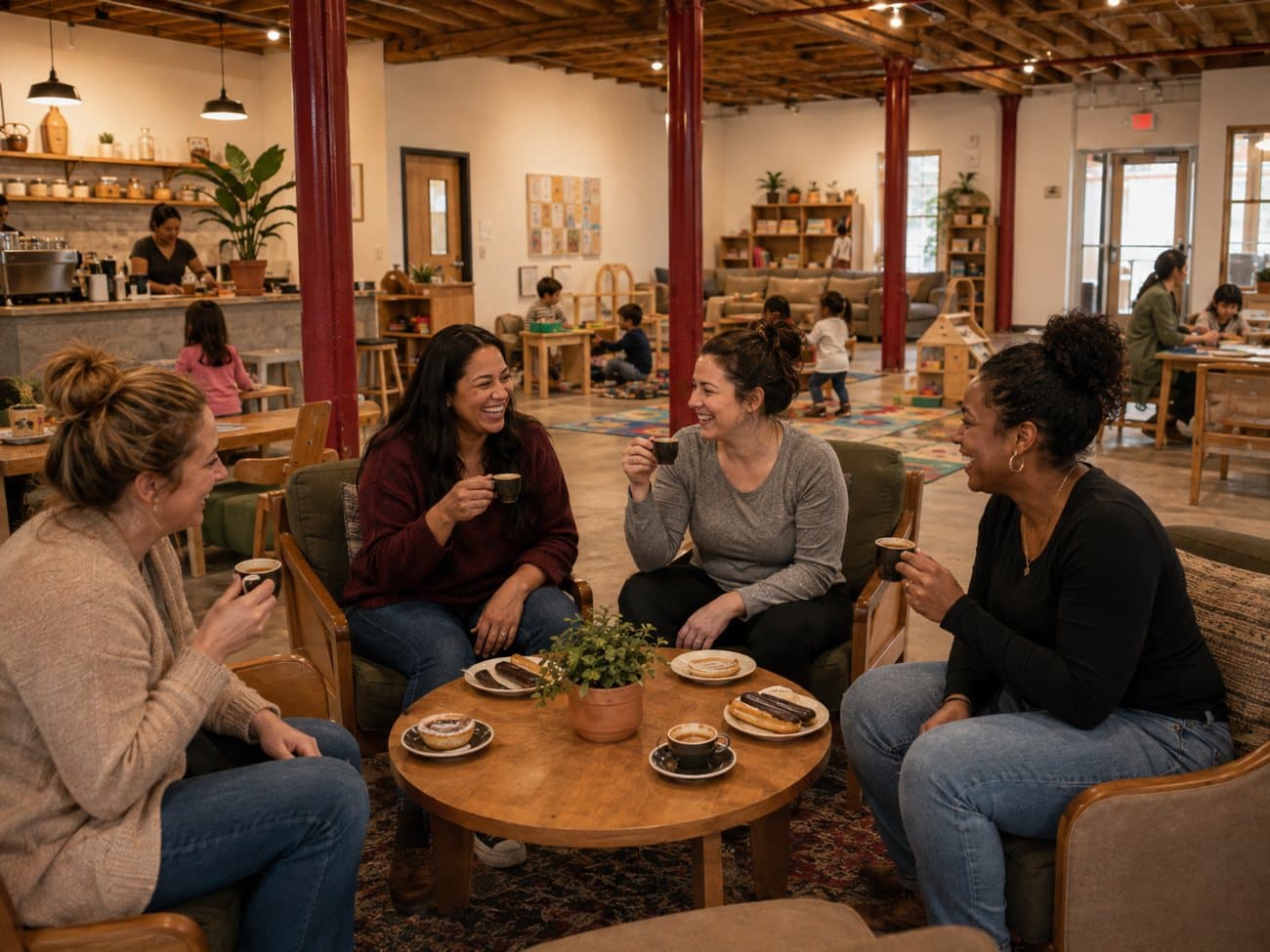 Concept rendering: parents laughing over espresso while kids play