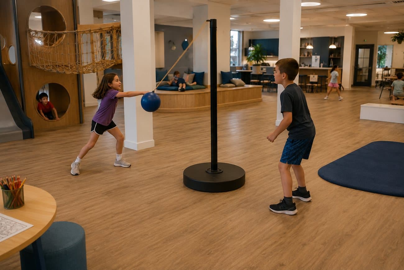 Concept rendering: kids playing tetherball indoors